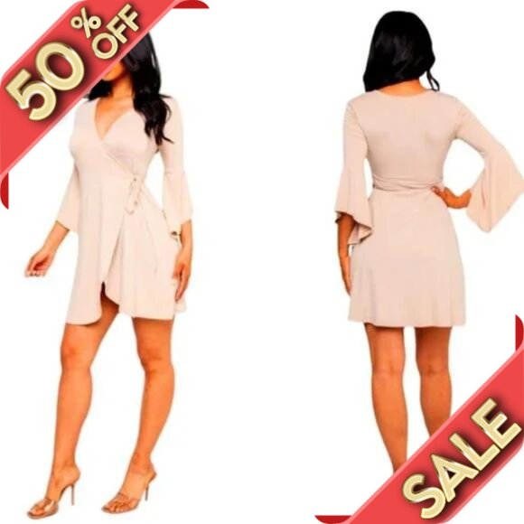 Dresses & Skirts - SALE NWT Mini Wrap Dress Women's Cream Bell Sleeve Flowy